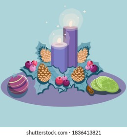 Blue christmas decoration with candles, mistletoe leaves, pine cones, berries, oranges, cinnamon and Christmas tree decoration. Vector illustration