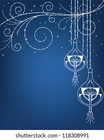 blue christmas decoration with hanging decorations and copy space