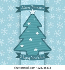 blue Christmas decoration with snowflake pattern, tree and ribbons with text, with transparencies