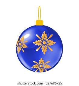 Blue Christmas decorative ball. Vector illustration of glass object on white.