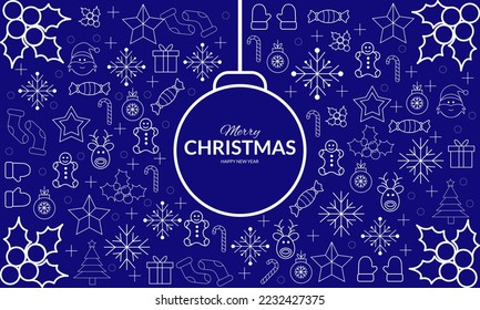 Blue Christmas element icons banner background. And Christmas balls in the middle. On green background.