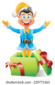 Blue Christmas elf popping out of box present isolated