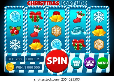 Blue Christmas fortune, SLOT machine interface with Christmas icons. Banner with candy slot machine and gift box,Christmas hat, coin,, berry, snowflake,Christmas sock slot symbols for your games