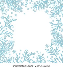 Blue Christmas frame with fir, pine branches and snowflakes. Isolated vector illustration