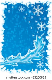Blue Christmas frame of pine trees branch and ice, vector iilustration