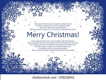 Blue Christmas frame with snowflakes isolated on white background. Vector illustration