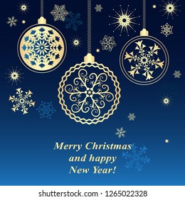 Blue Christmas frame with vintage gold tree balls (eps 8)