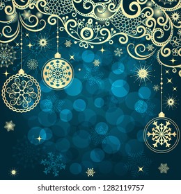 Blue Christmas frame with vintage gold tree balls and snowflakes, transparent bokeh, vector eps10