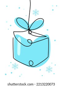 Blue Christmas gift box with snow. Continuous one line drawing Christmas gift box. Holiday surprise by one line. Modern symbol for holidays, merry christmas, new year. Fashionable trend vector