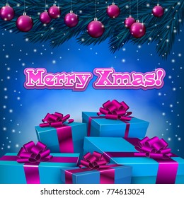 Blue christmas gift boxes and christmas tree