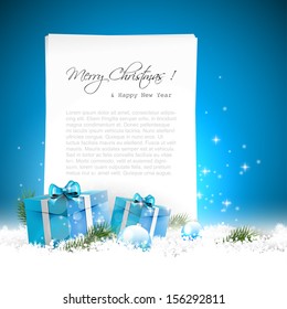 Blue Christmas greeting card with gift boxes, baubles in the snow and empty paper