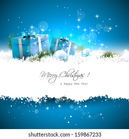 Blue Christmas greeting card with gift boxes and branches in snow and with place for text