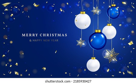 Blue Christmas greeting card. Vector illustration. Banner.