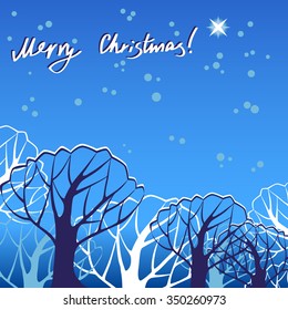 Blue Christmas illustration with glowing star and tree cover in winter