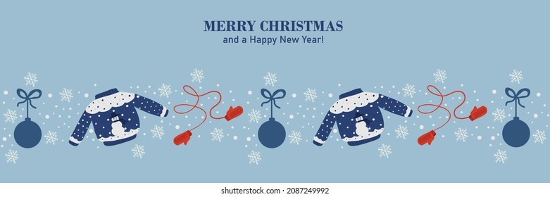Blue Christmas illustration. Repeatable print with sweater, mittens. Snowflakes and balls on the ovaries. Holiday mood. Merry Christmas and Happy New Year.