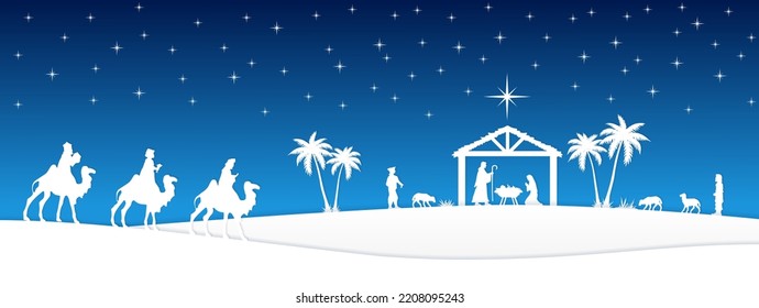 Blue Christmas Nativity scene in the desert. Greeting card background. Vector EPS10.