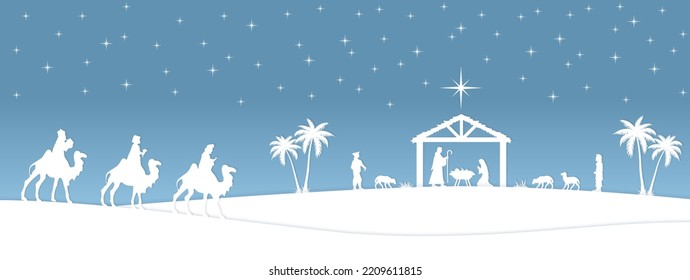 Blue Christmas Nativity scene in the desert. Greeting card background. Vector EPS10.