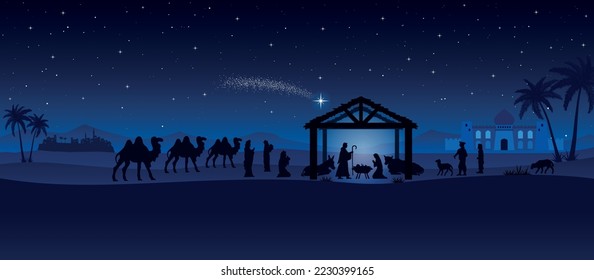 Escena azul de la Natividad de Navidad en el fondo de la carta de bienvenida del desierto. EPS10 vectores.