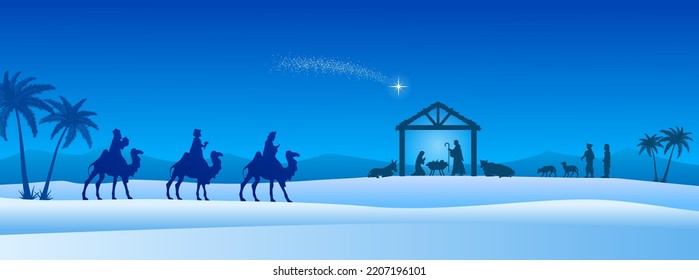 Blue Christmas Nativity scene: Three Wise Men go to the stable, in the desert setting at night. Greeting card background. Vector EPS10.