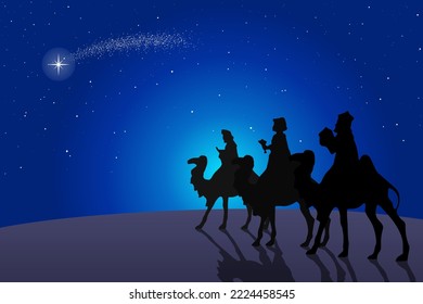 Blue Christmas Nativity scene. Three Wise Men travel in the desert at night. Greeting card background.