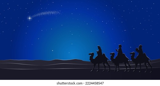 Escena azul de la Natividad de Navidad. Tres sabios viajan por el desierto de noche. Fondo de la tarjeta de felicitación.