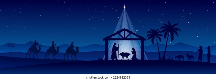 Blue Christmas nativity scene: Three Wise Men go to the manger in the desert.
