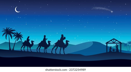 Blue Christmas Nativity Scene: Three Wise Men go to the manger in the desert at night.