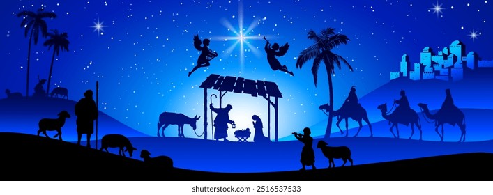 Blue Christmas nativity scene: Three Wise Men go to the manger in the desert