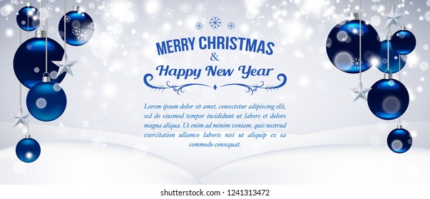 Blue Christmas or New Year background with place for text and glossy Christmas balls, stars and snowflakes. Template for poster, promo, advertising, pamphlet. Vector illustration