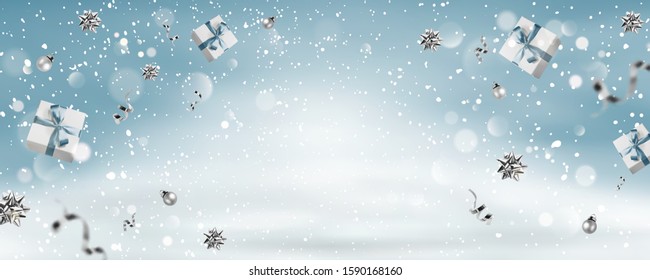 Blue Christmas and New Year background with flying Xmas gift boxex, silver ribbon, decoration, sparkles, confetti, bokeh. Merry Christmas card. Vector Illustration, realistic vector