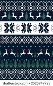 Blue Christmas and New Year. Dark blue and white seamless ethnic pattern. Christmas ethnic pixel pattern with Nordic flowers, pine tree, reindeer and mini hearts for winter hats, sweaters and jumpers.