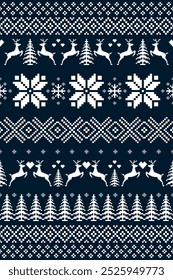 Blaue Weihnachten und Neujahr. Dunkelblau und weiß nahtlose ethnische Muster. Ethnische Pixel-Muster mit nordischen Blumen, Kiefern, Rentieren und Mini-Herzen für Wintermützen, Pullover und Pullover.