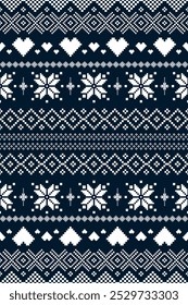 Blue Christmas and New Year. Dark blue and white seamless ethnic pattern. Christmas ethnic pixel pattern with Nordic flowers and hearts for winter hats, cloth, crochet, knitwear, sweaters and jumpers.