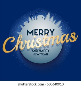 Blue Christmas and New Year greeting card with trees, snowflakes, santa, gold text
