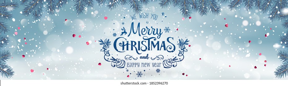 Blue Christmas and New Year Text on snow Xmas background with fir branches, snowflakes, light, stars. Merry Christmas card. Vector Illustration, realistic vector