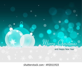 A Blue Christmas and New Year vector background, with transparent christmas balls decorated with snowflakes lying on the snow