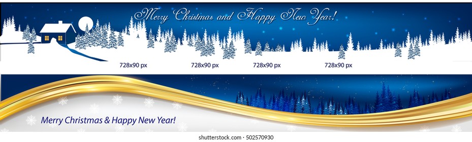 Blue Christmas and New Year web banners with winter landscape. Space for your own advertising.