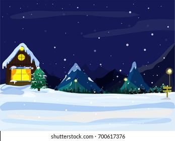 Blue Christmas Night, Snowfall Background, Hut, and Xmas Trees.