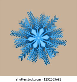 Blue Christmas origami snowflake design. Paper cuted snowflake with shadow isolated. Vector illustration