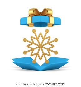 Blue Christmas pack explosion gift box with golden ornamental snowflake 3d icon realistic vector illustration. Luxury winter holiday Xmas New Year festive greeting burst surprise snow ice crystal
