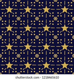 Blue Christmas pattern background with golden glittering snowflakes and stars, vector illustration