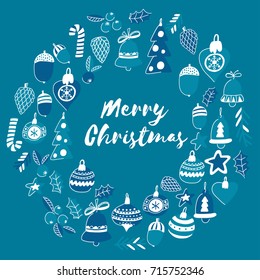 Blue christmas pattern with christmas bells, snowflakes, candy Holly jolly Merry Christmas and Happy New Year
