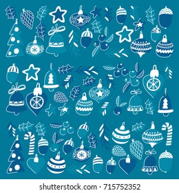 Blue christmas pattern with christmas bells, snowflakes, candy Holly jolly Merry Christmas and Happy New Year