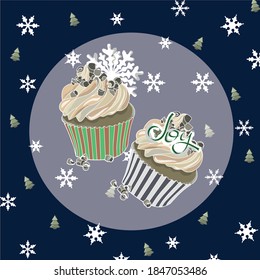 Blue Christmas pattern card with muffins and inscription