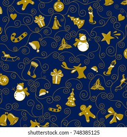 Blue Christmas Pattern with Different Decorative Elements. Vector Illustration