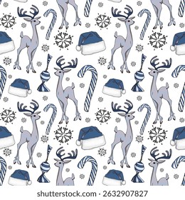 Blue Christmas Pattern with Reindeer and Candy Canes. Seamless Winter Pattern with Reindeer and Snowflakes