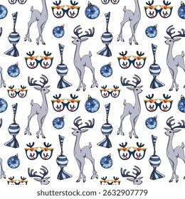 Blue Christmas Pattern with Reindeer and Ornaments. Seamless Holiday Pattern with Blue Baubles and Deer
