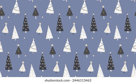 Blue Christmas pattern, scandi simple trees texture with golden stars and decorations. Vector holiday panoramic banner, wrapping paper.