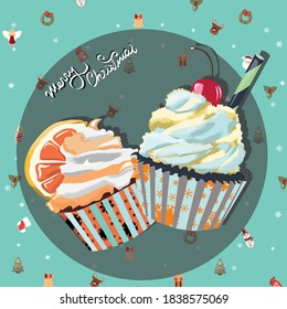 Tarjeta con motivos de Navidad azul con copos de nieve y pastelitos