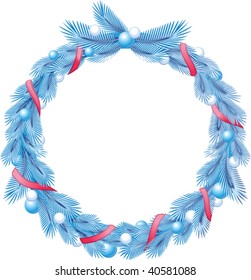 Blue christmas pine wreath with decorative ribbons and balls